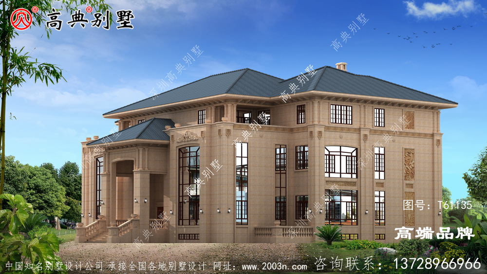 農村別墅對稱設計外觀圖 ，整個建筑為歐式風格