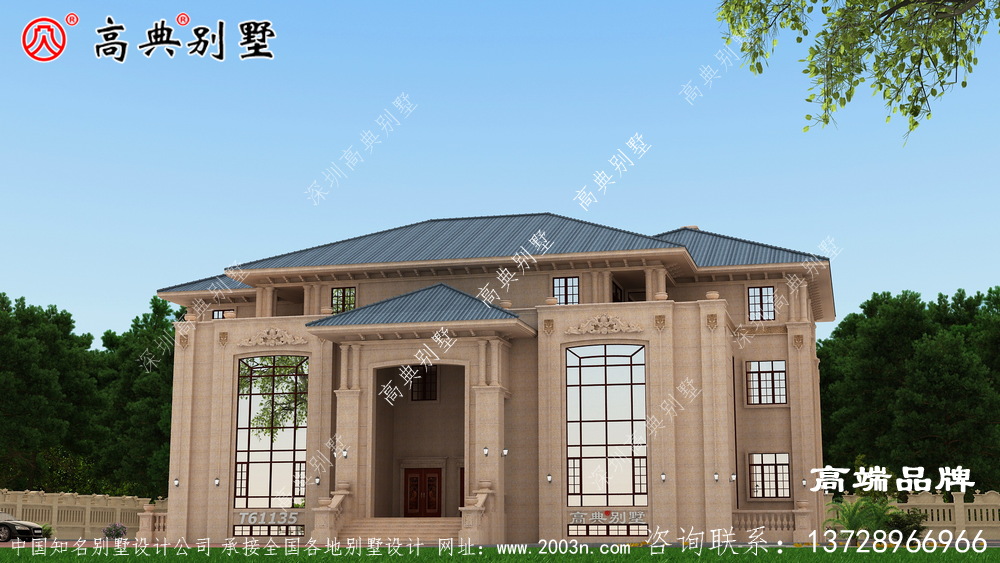 農村別墅對稱設計外觀圖 ，整個建筑為歐式風格